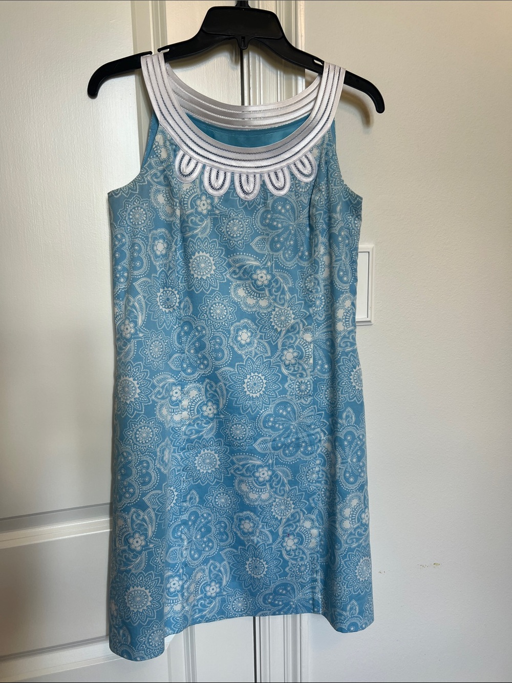 Ann Taylor Loft Blue Floral Sleeveless A-Line Dress with White Trim